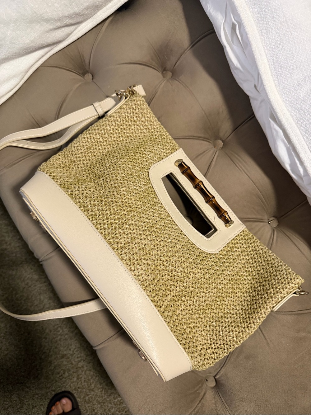 Spartina 449 Straw Tote with Cream Trim and Bamboo Handle